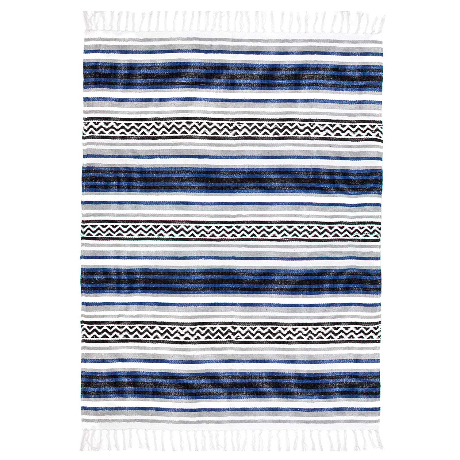 Americanflat Authentic Mexican Yoga Blanket - Soft Woven Cotton and Polyester Falsa Blanket in Blue Striped
