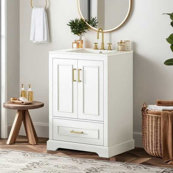 24" Single Bathroom Vanity with Ceramic Sink Top, 2 Soft Close Doors, and 1 Divided Drawer, White