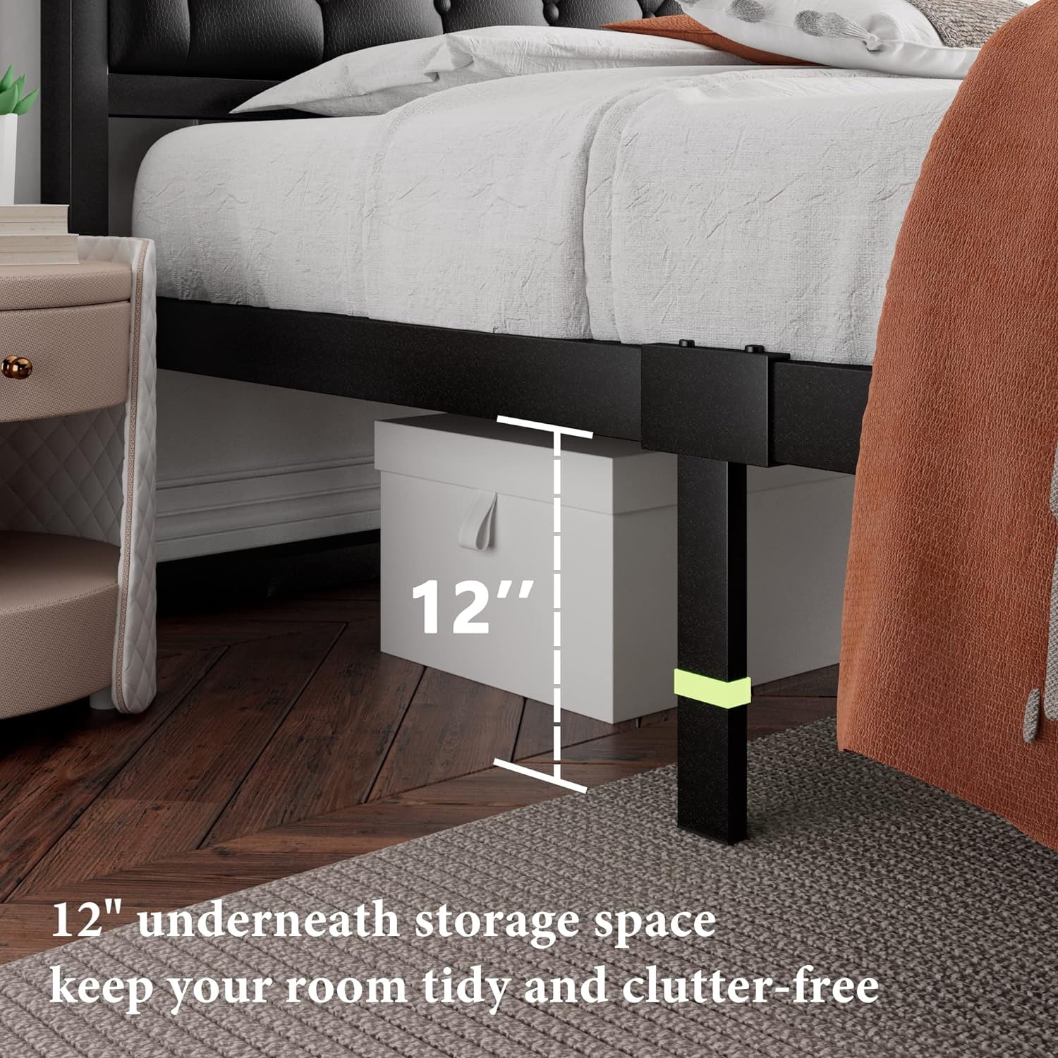 iPormis Twin Size Metal Bed Frame with Black Faux Leather Upholstered Headboard, 12'' Underbed Space,  Black