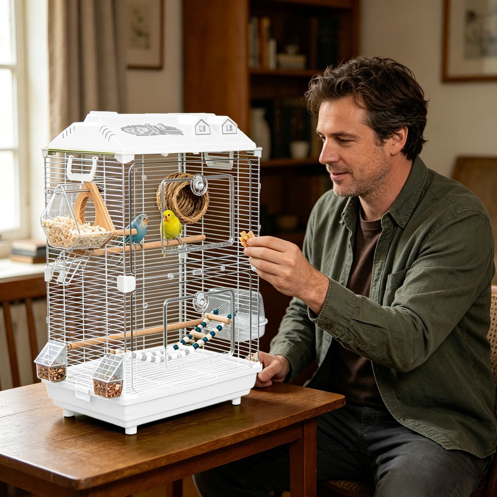 Large Wrought Iron Rolling Bird Cage with Detachable Stand Spacious Flight Aviary for Parakeets Finches Small Pet Birds | 18.50x11.81x30.31 in Beige