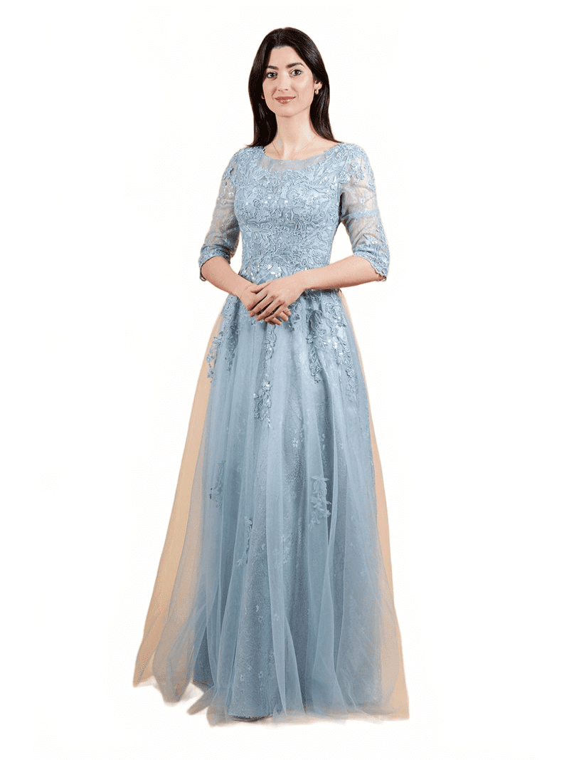 Lace 3/4 Sleeve Mother of the Bride Dress by Elizabeth K GL3629 Smoky Blue / 4XL