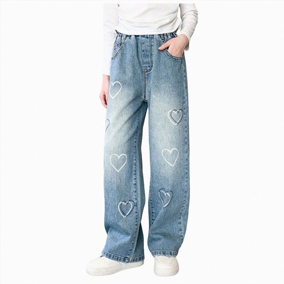 CAUYDY Teen Girls Elastic Waist Jeans Washed Denim Wide Leg Baggy Heart Print Pants for Girls Back to School Wear Sizes 13-14 Years
