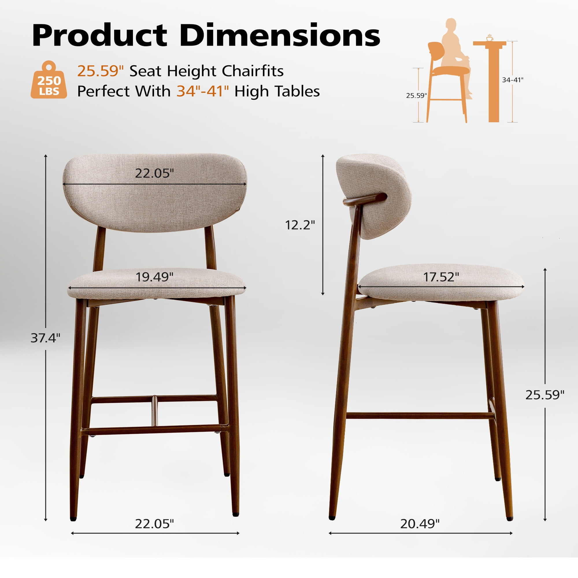 COOLHUT Bar Stool Set of 4, 26" Counter Height Bar Stools with Curved Back, Premium Linen Upholstery Bar Stools with Brass-Toned Metal Footrest for Dining Room, Kitchen Island, Oatmeal