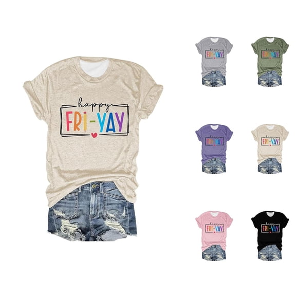 Happy Friday Teacher T Shirts for Women 2026 Summer Trendy Short Sleeve Crewneck Funny Friday Weekend Graphic Tees