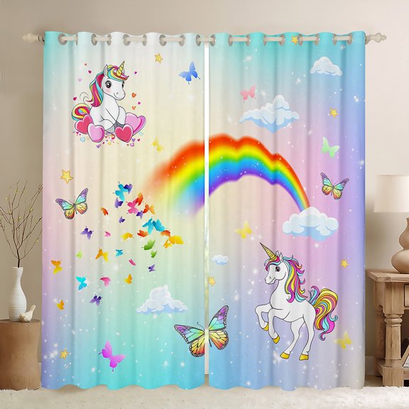 Homewish Kids Magic Unicorn Blackout Curtains Set of 2 (52x84 Each), Stars Rainbow Galaxy Window Curtains, Dreamy Cartoon Butterfly Curtains and Drapes, Blackout Curtains Room Decor
