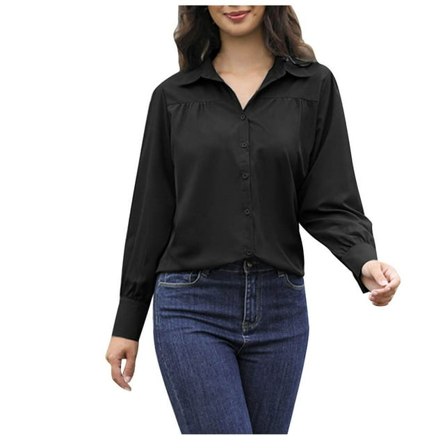 Timegard Chemises pour Femmes à Manches Longues, Col à Revers, Col en V, Froncées, Chemises Basiques, Travail, Tenue de Bureau Décontractée, Hauts Amples