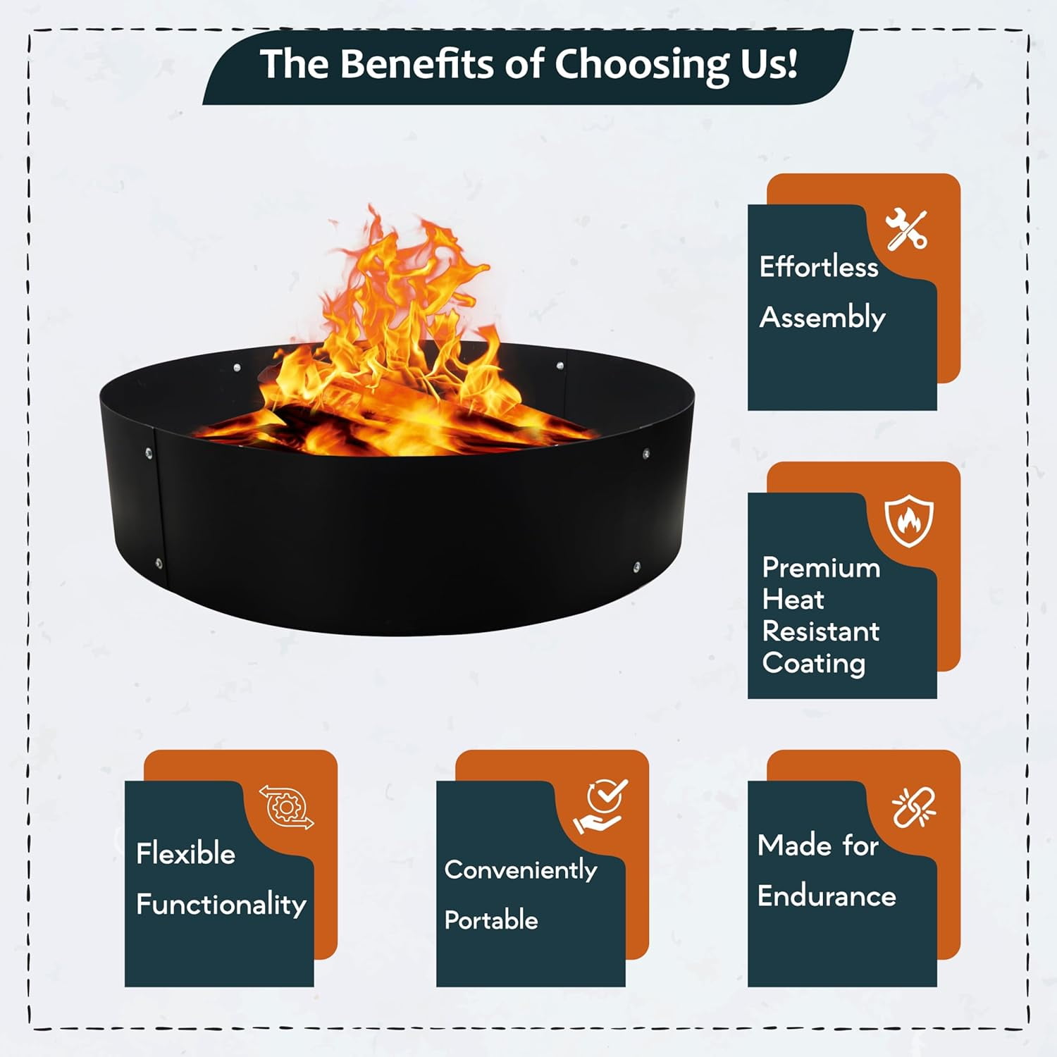 FEBTECH - 48" Portable Firepit Ring Liner - 2MM Carbon Steel DIY Fire Ring for Outdoor Fire Pits - Above-Ground or In-Ground Fire Ring Insert for Backyard Bonfires, Camping