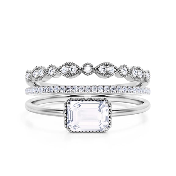Minimalist 2.00 Carat Emerald Cut Diamond Moissanite Engagement Ring, Wedding Ring In 925 Sterling Silver With 18K White Gold Plating, Gift For Her, Promise Ring, Anniversary Ring, Trio Rings Set