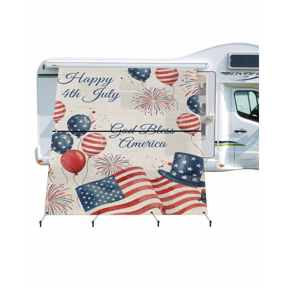 4th of July RV Awning Sun Shade Screen 9'X7' USA Flag Balloon Mesh Sunscreen Patriotic Star Fireworks Awning Shade Screen with Zipper UV Blocker Completed Kits Outdoor Canopy for RV Motorhome Camper