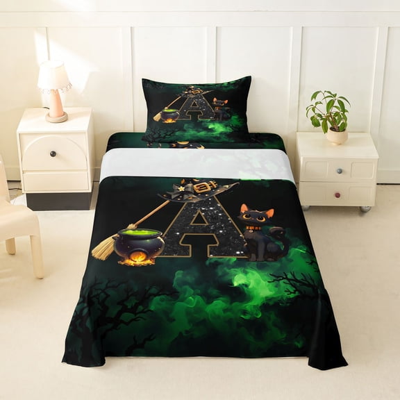 Manfei Witch Hat Twin Sheets,Halloween Letter A Bedding,Green,3pcs,1 Fitted Sheet and 1 Pillowcase
