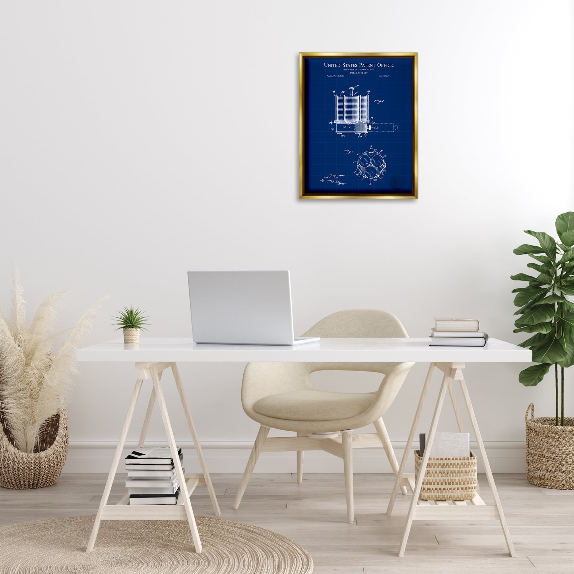 Stupell Industries Poker Chips Blueprint Typography Painting Gold Floater Framed Art Print Wall Art, 17 x 21