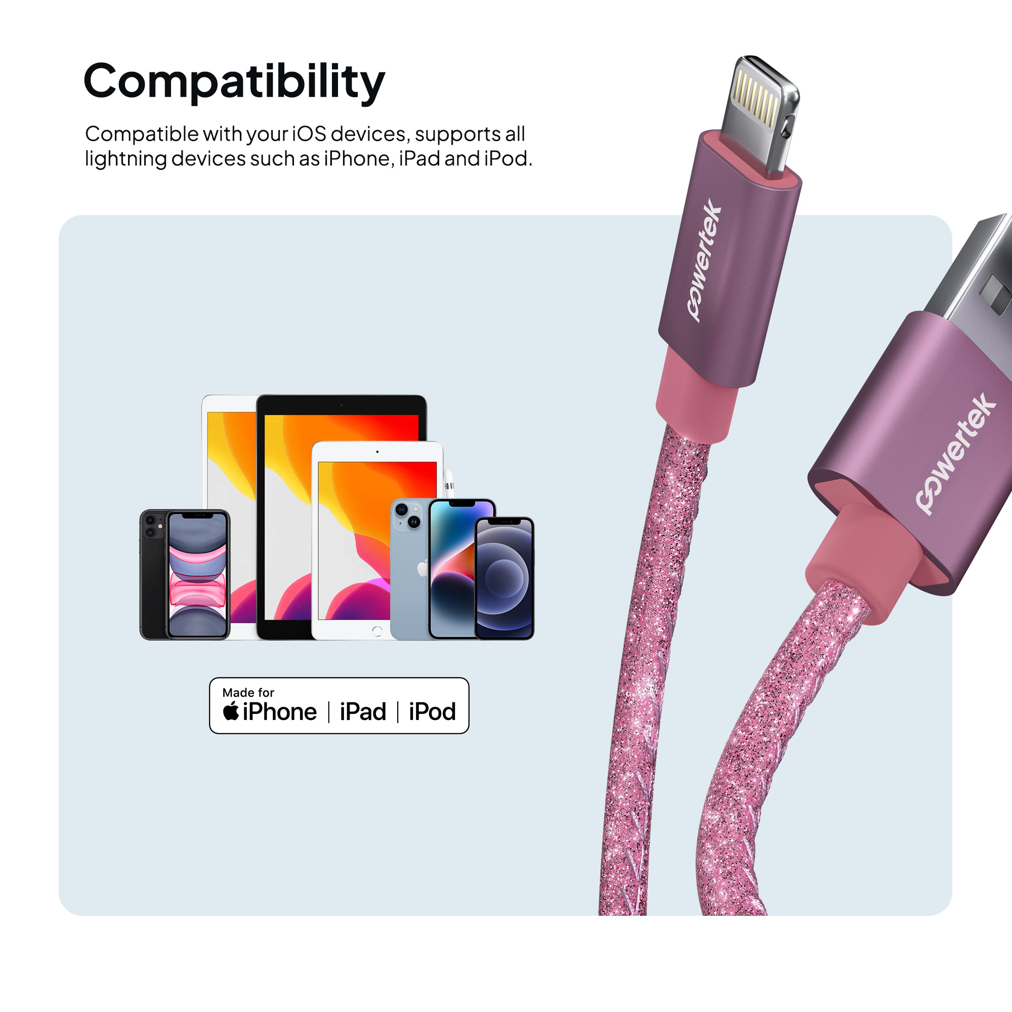 Powertek USB-A to Lightning Cable, 6ft, Pink Glitter photo 7