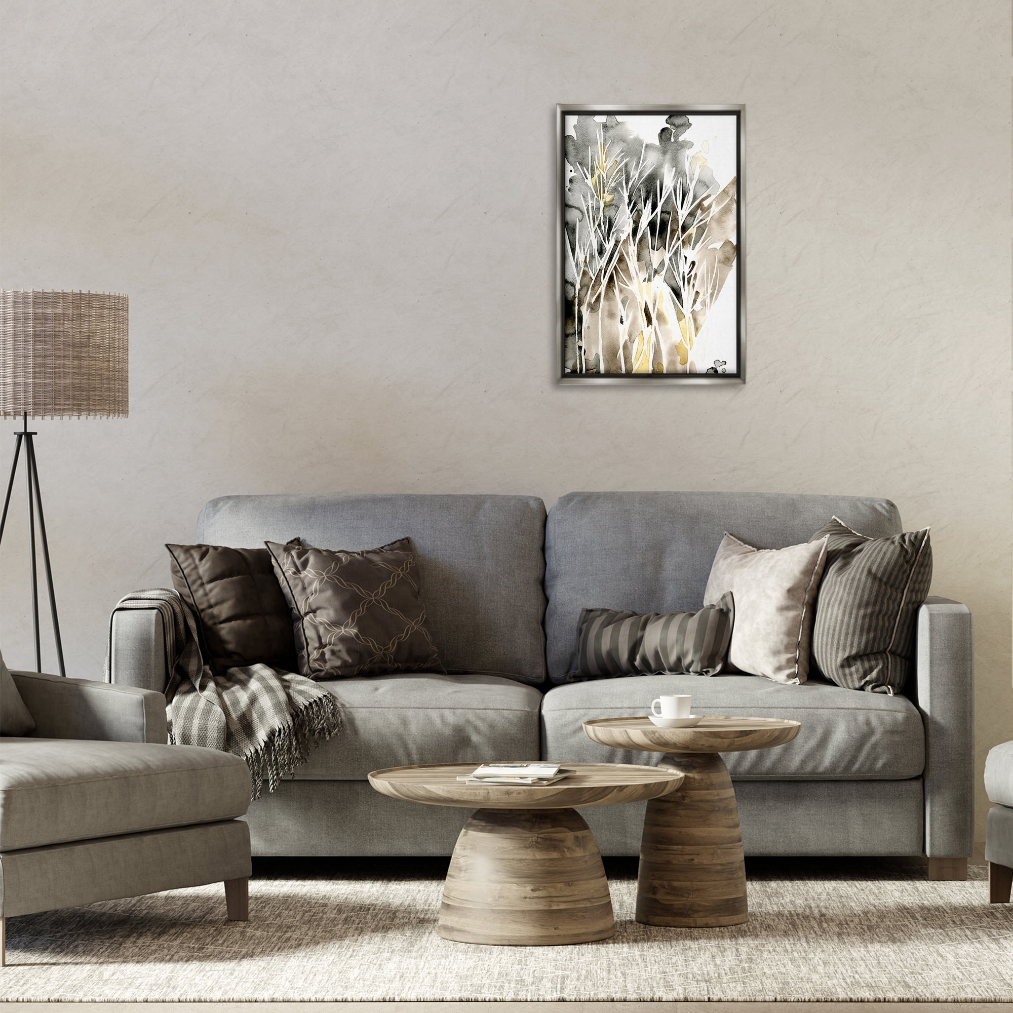 Stupell Industries Abstract Sprigs Watercolor Plants & Flowers Painting Gray Floater Framed Canvas Art Print Wall Art, 17 x 25