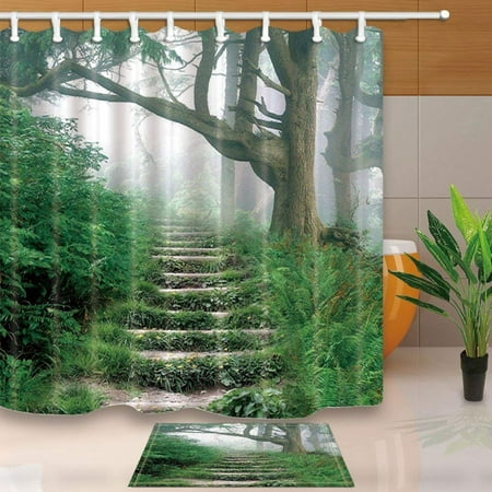 WOPOP Mountain Forest Decor Stone Stairs Path in Woood Shower Curtain 66x72 inches with Floor Doormat Bath Rugs 15.7x23.6