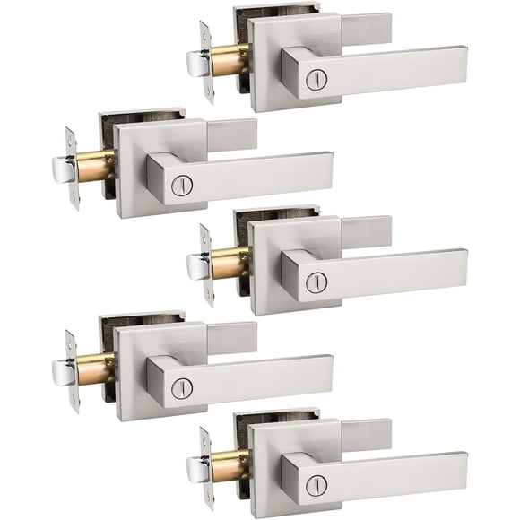 Brushed Nickel Door Handle Interior Privacy Door Lock Bed and Bath Door Lock with Square Rose Modern Keyless Door Lock Handle Reversible for Left & Right