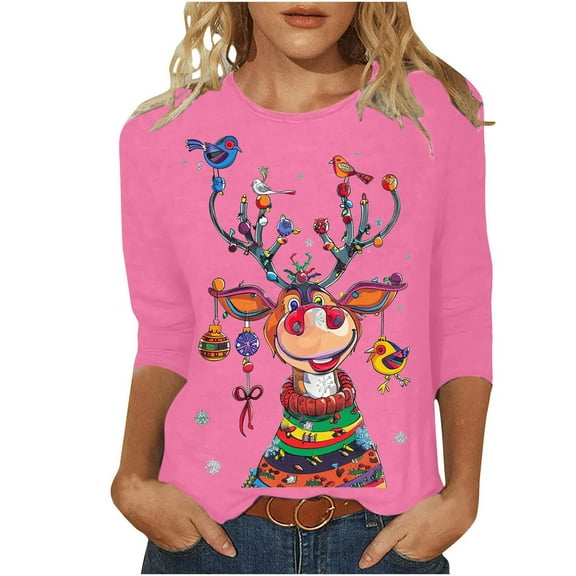 MaFYtyTPR Women's Tops for Christmas Fashion Festival Printing Crew Neck 3/4 Sleeves Loose T-shirts Blouses