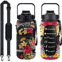 Half Gallon Water Bottle with Sleeve Water Bottle 64 Oz Water Bottle with Time Marker, 1/2 Gallon Water Bottles Half Gallon Water Bottle with Straw and Gym Yoga 1/2 Gallon Water Jug for Women Flowers