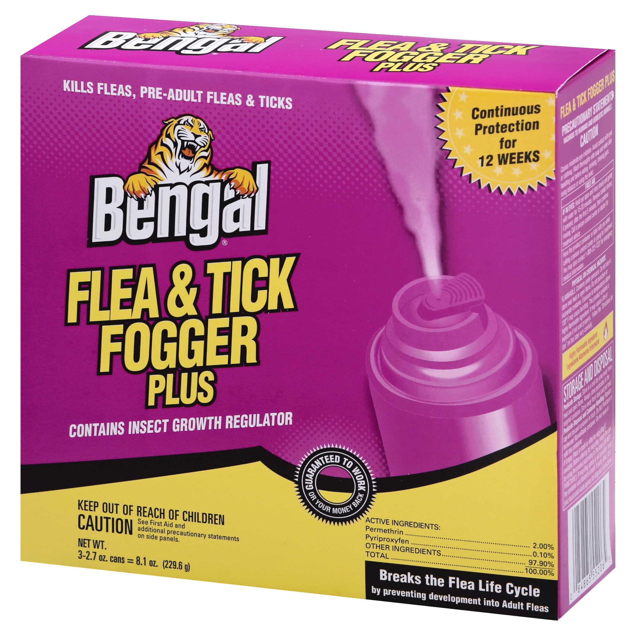 Bengal Flea and Tick Killer Fogger Plus Dry Fog with Insect Growth Regulator, 3-Count, 2.7 Oz. Aerosol Cans