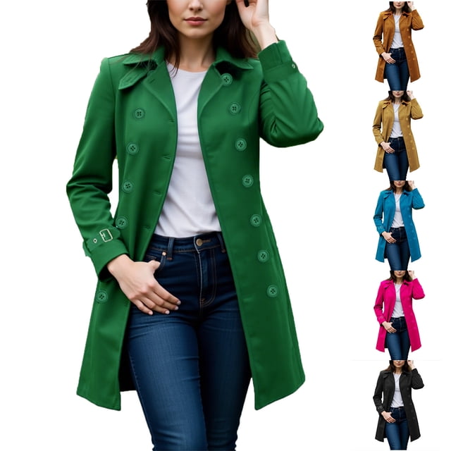 Trench-Coat Classique pour Femmes à Revers Cranté, Style Intemporel à Double Boutonnage, Tissu Résistant à l'Eau, Manches Longues avec Boucles de Manchette, Coupe Polyvalente Mi-Longue Conçue pour Vêtements d'Extérieur Décontractés
