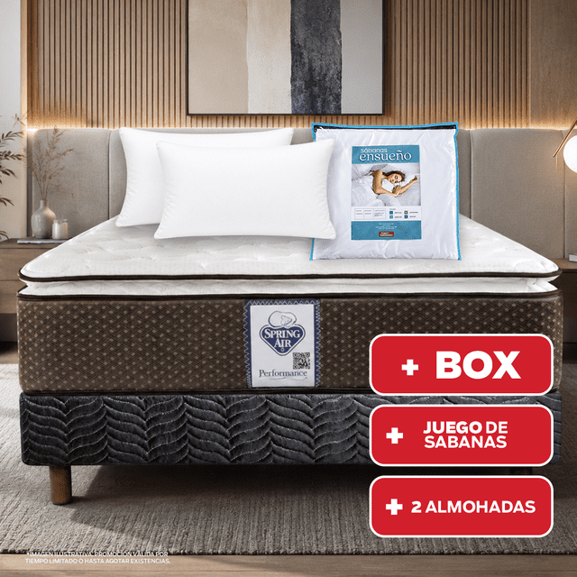 Colchón + Box Spring Sprign Air Queen Size Super Value con 2 Almohadas Sc y Juego de Sabanas Ensueño