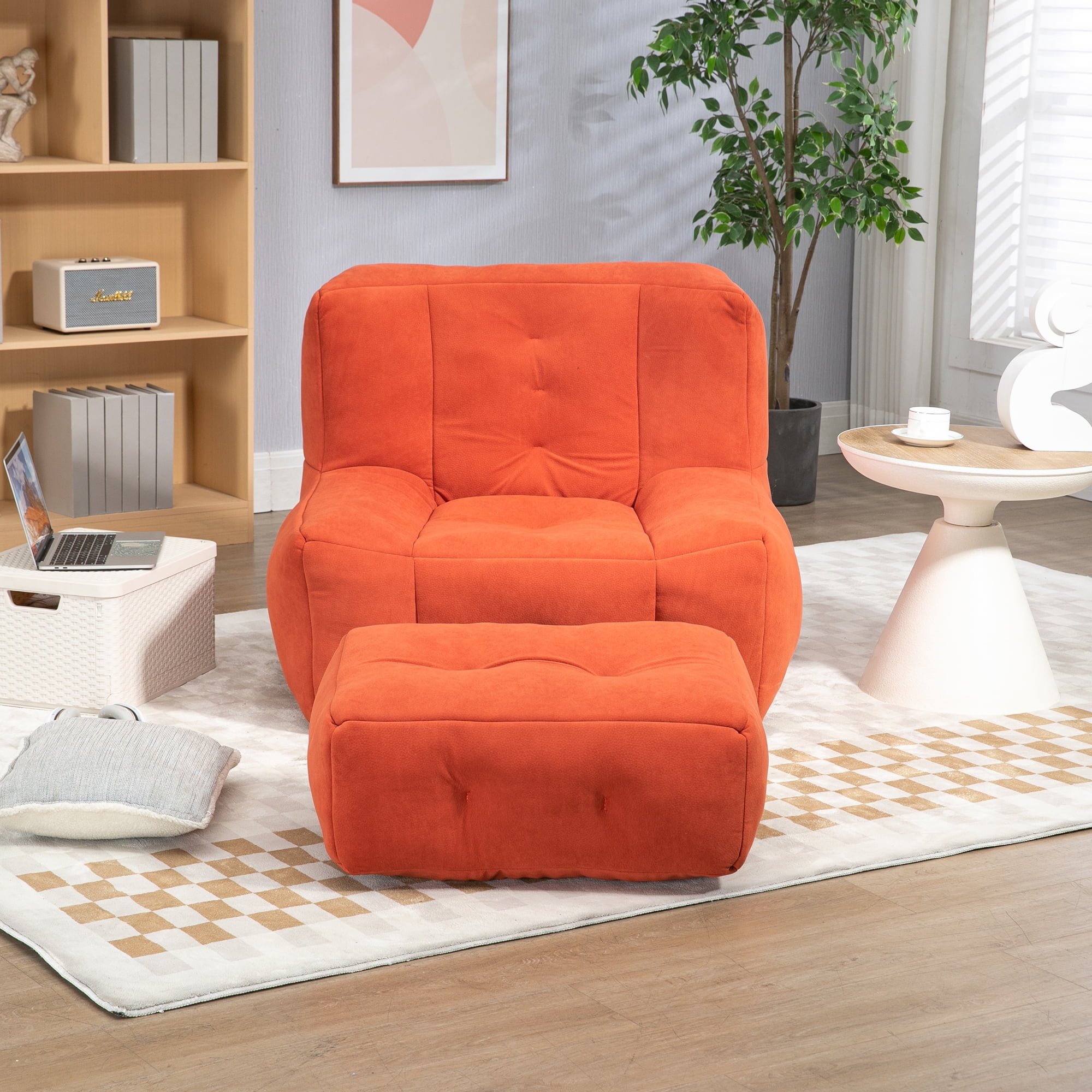 DEALTOPS Fluffy Bean Bag Chair with Ottoman for Adults & Teens, Super Soft Lazy Sofa Chair with Memory Foam for Living Room, Bedroom, Apartment-Red