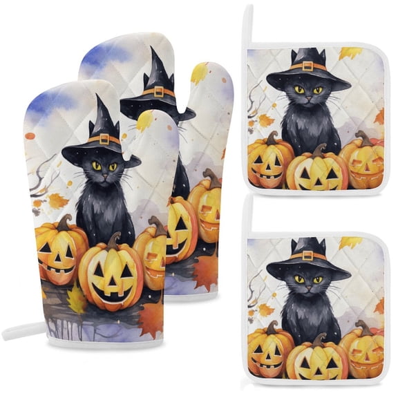 Pumpkin Lantern Black Cat Oven And Pot Holders Sets, Heat Resistant Pads Kitchen Decor for Cooking Baking BBQ Grilling, Christmas Kitchen Gifts