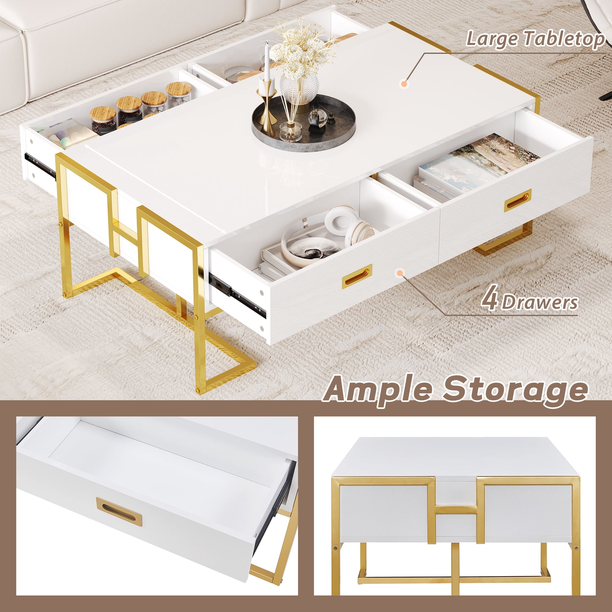 Euroco Modern White Rectangular Coffee Table with 4 Drawers and Gold Base in 47.3"