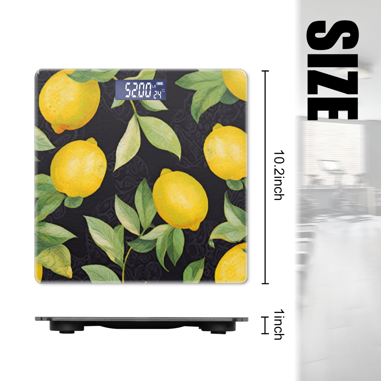 Bathroom Scale, Highly Accurate Digital Body Scale,Precisely Measures Weight up to 400 lbs-Lemons And Leaves Pattern On Black Background