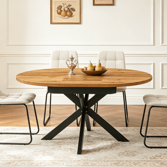 43.2"-59.2" Extendable Round Dining Table for 4-6,Mid Century Modern Wooden Round Table,Dining Room Table with Metal Frame for Dining Living Room ,Saving Space