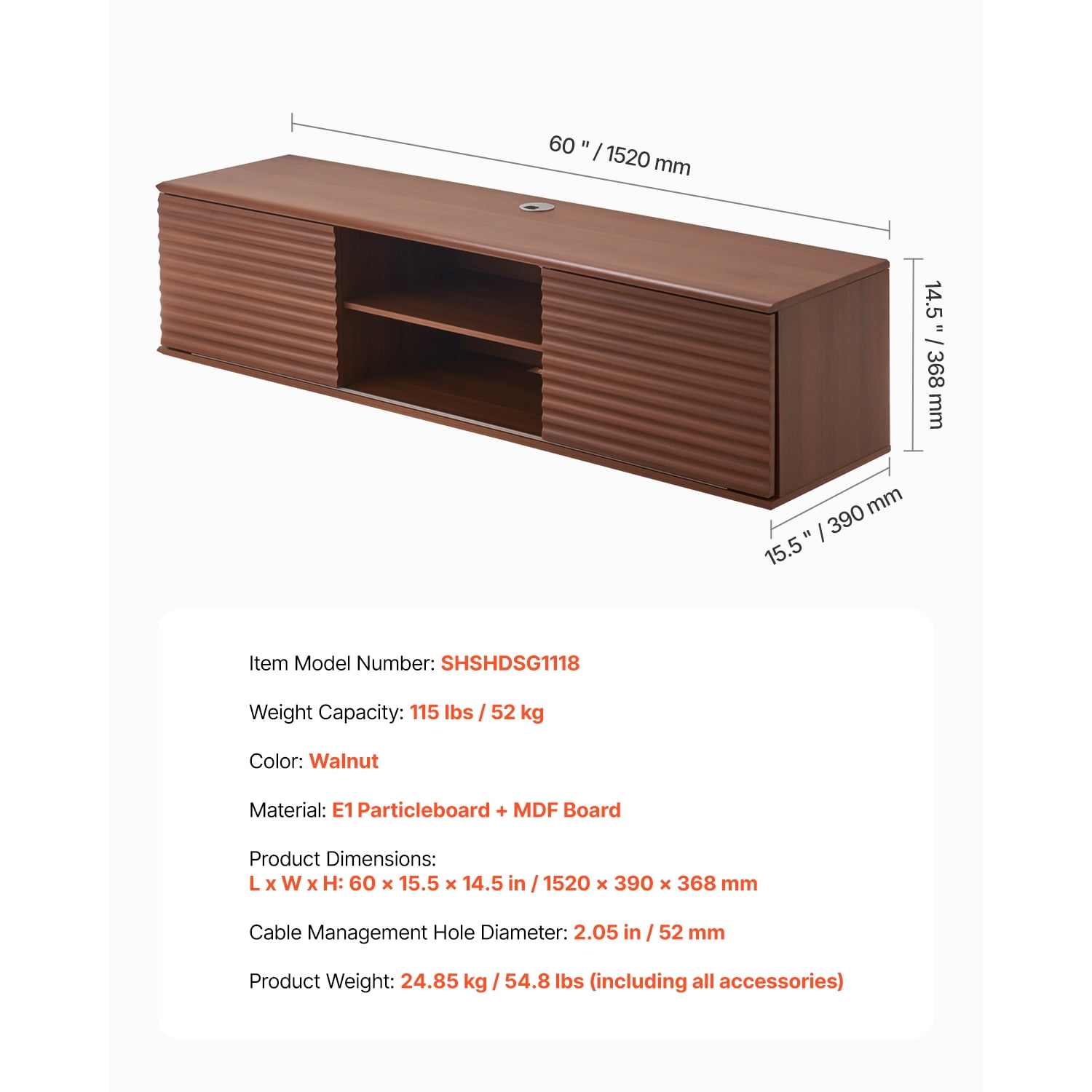 KFFKFF Suspended TV Unit, 60" Wall-Fixed Media Hub with Modifiable Rack & Glide Doors, Dual-Level Suspended TV Ledge with Storage Compartment for DVD Device, Cable Organizer, Gaming System, Walnut