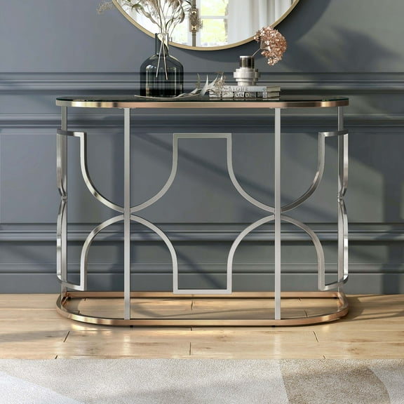 Furniture of America Eulle Half-Circle Glass Top Chrome and Gold Sofa Table