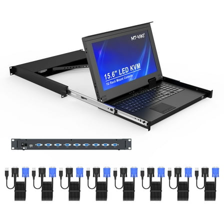 1U Rack Mount KVM Console, MT-VIKI 8 Port KVM VGA Switch w/15.6'' LCD Monitor & KVM Cables, LCD KVM Drawer 1920x1080, Best-fit for 1U 19" Rack Network Server Cabinet 600mm (23.6'') Deep