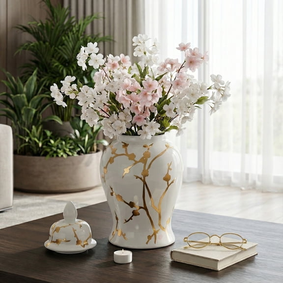 Ceramic Cherry Blossom Temple Jar for Home and Living Room Decor - Decorative Flower Vase for Bedroom, Entryway, or Office Display - Elegant Table Decor for Dining Room - 14", White & Gold