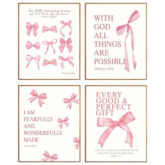 Coquette Pink Bow Wall Art Decor Posters, Pink Bow Christian Room Bathroom Bedroom Dorm Wall Art Decor Aesthetic for College Teen Girls Gifts, Inspirational Bible Verses Bow Wall Decor, 10x8