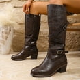thumbnail image 3 of Women's Wide Calf Brown Knee High Boots Casual Zip Up Chunky Mid Heeled Motocycle Boots with Buckle Strap, 3 of 8
