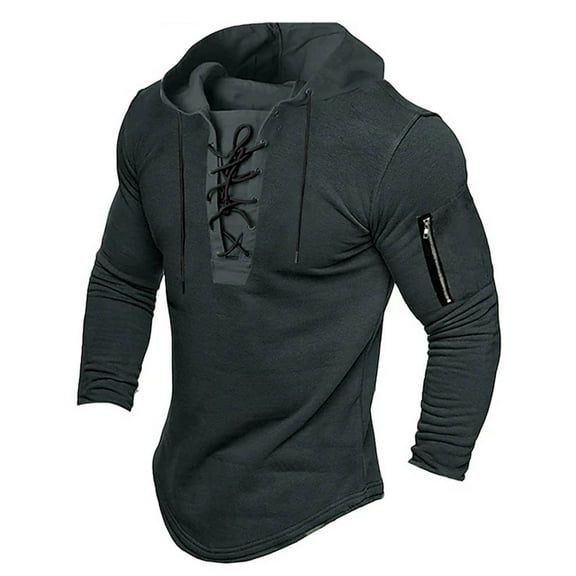 VNKIDY Men's Hoodies Spring Autumn Solid Color Lace Up Sweatshirt Long Sleeve Drawstring Hooded Slim Fit Pullover With Zipper Pocket For Edgy Casual Fashion Soft Tops