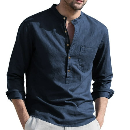 

Men Spring And Fall Solid Color Top Shirt Casual Cotton Linen Stand Collar Top Plus Size Vacation Long Sleeve Shirt Cat Pajamas Men