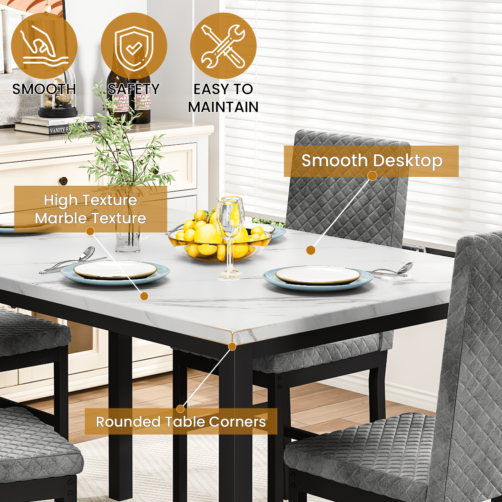 Cvortll 5 Piece Dining Table Set, Kitchen Table and Chairs Set for 4 with Faux Marble and 4 Velvet Upholstered Dining Chairs for Home, Restaurant, White & Grey