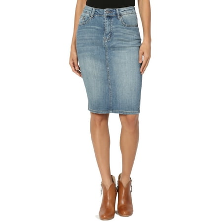 - TheMogan Women's Vintage Washed Blue Jean Pencil Midi Soft Denim Skirt
