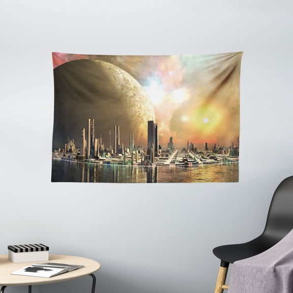 Cityscape Tapestry Wall Hanging, Utopia Islands Floating Future Cities Imaginary Fantasy Artwork Futuristic Home, Bedroom Living Room Dorm Decor, 60" X 40", Yellow Peach, by Ambesonne