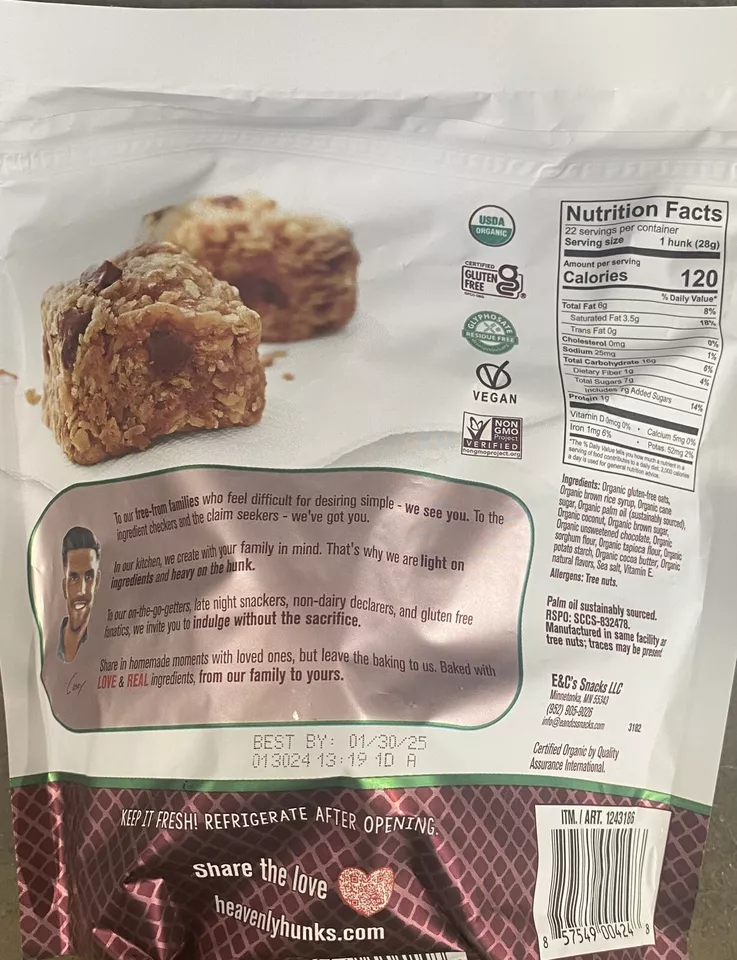Heavenly Hunks USDA ORGANIC Oatmeal Dark Chocolate GLUTEN FREE Cookies 22oz 2 PK