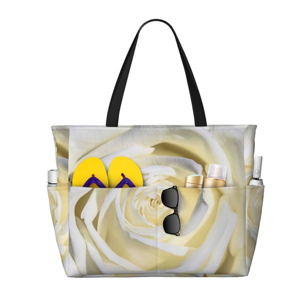 Disketp White Rose Bolsa de Playa de Gran Capacidad, Bolso Impermeable y a Prueba de Arena para Mujer, Ideal para Playa, Piscina y Natación