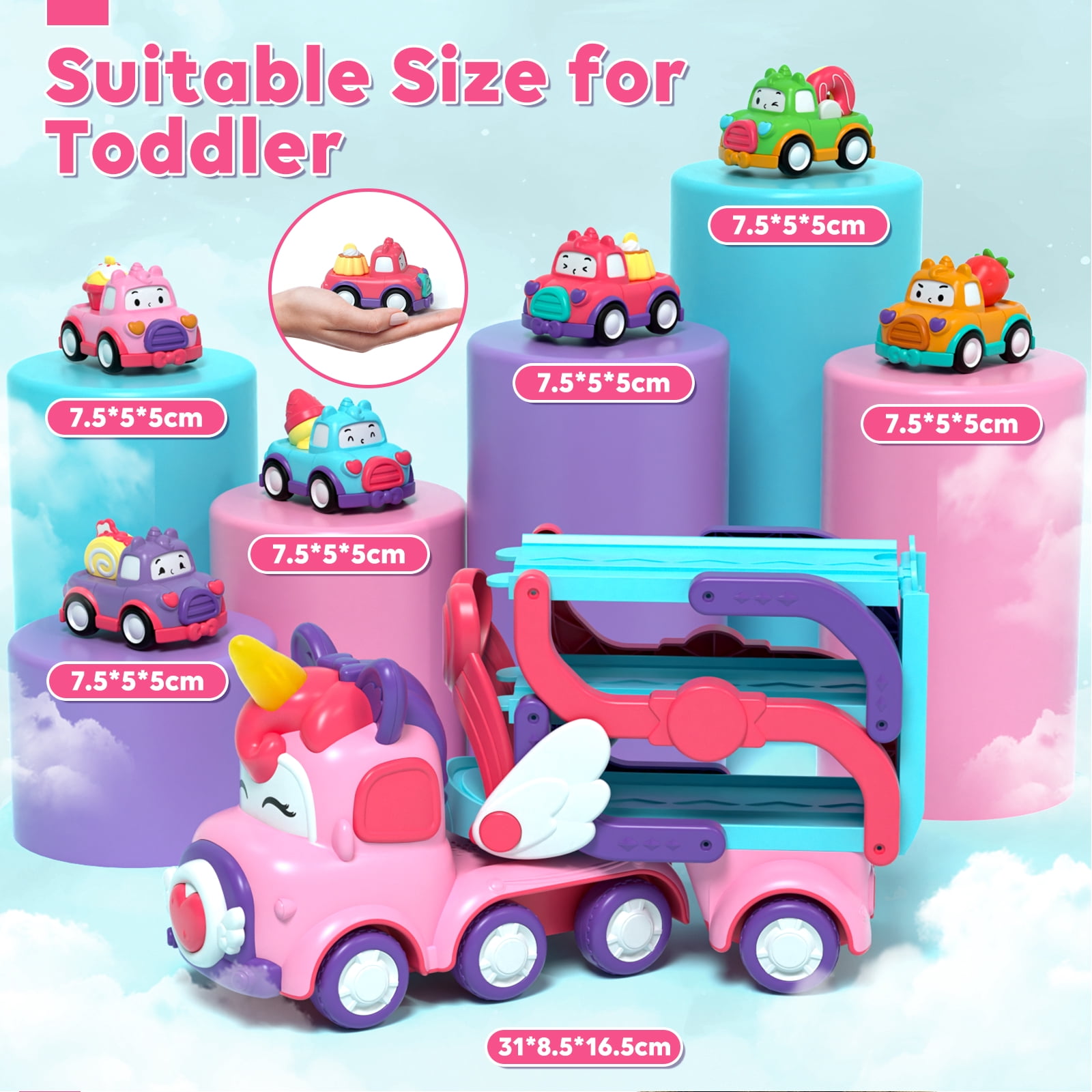 Toddler Girl Toys, 7-in-1 Toy Cars for Girls with Lights & Music, 2 Year Old Girl Toys, Unicorn Toys, Car Carrier Truck Toy, Toys for 1 2 3 Year Old Girls