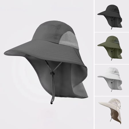 sunsanly Men Outdoor Hat with Neck Cover Large Brim Hollow Mesh Windproof Chin Strap Anti-UV Sunscreen Great Breathability Camping Fishing Travel Cap