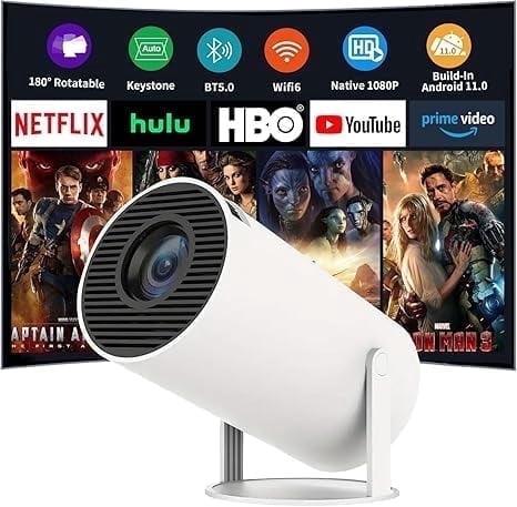 Mini Portable Projector with WiFi 6 and Bluetooth 5.0 Smart Projector 1080P Support Movie Projector 4K Decode Built-in Android 11.0 for Home Theater Compatible for Smartphone/Tablet/Laptop