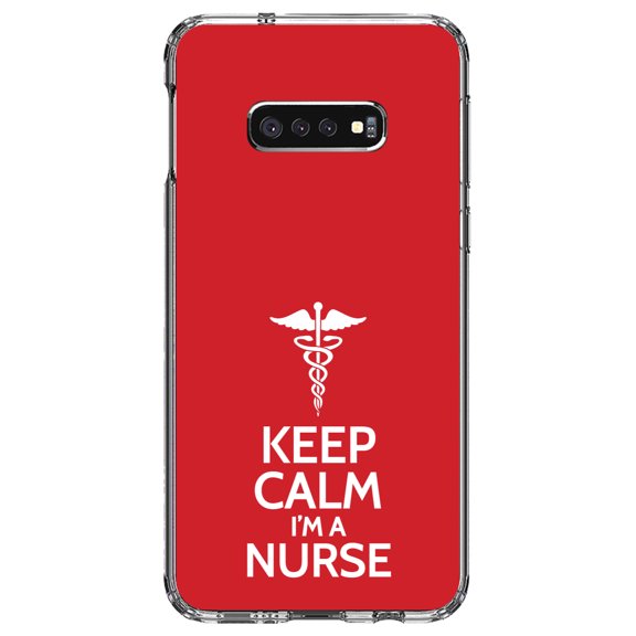 DistinctInk Clear Shockproof Hybrid Case for Samsung Galaxy S10e (5.8" Screen) - TPU Bumper, Acrylic Back, Tempered Glass Screen Protector - Red White "Keep Calm I'm a Nurse" - Support for Nurses