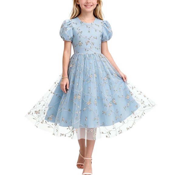 Girls Embroidered Tulle Dress Puff Sleeve Floral Ruffle Aline Dress Formal Birthday Party Dresses Blue, Size 7-8