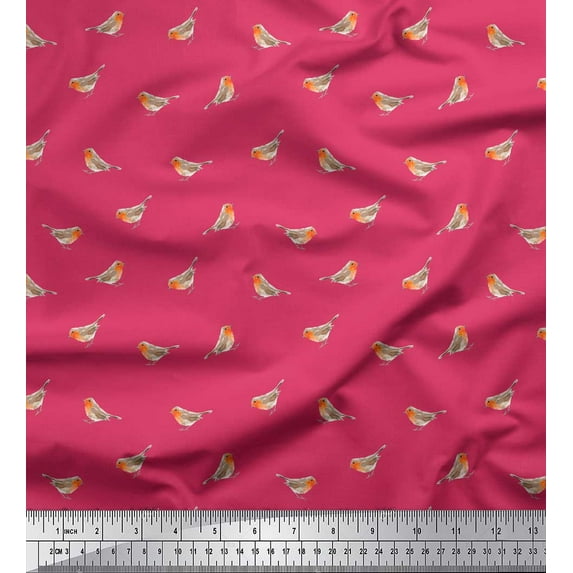 Soimoi Pink Cotton Cambric Fabric American Robin Bird Print Sewing Fabric BTY 42 Inch Wide
