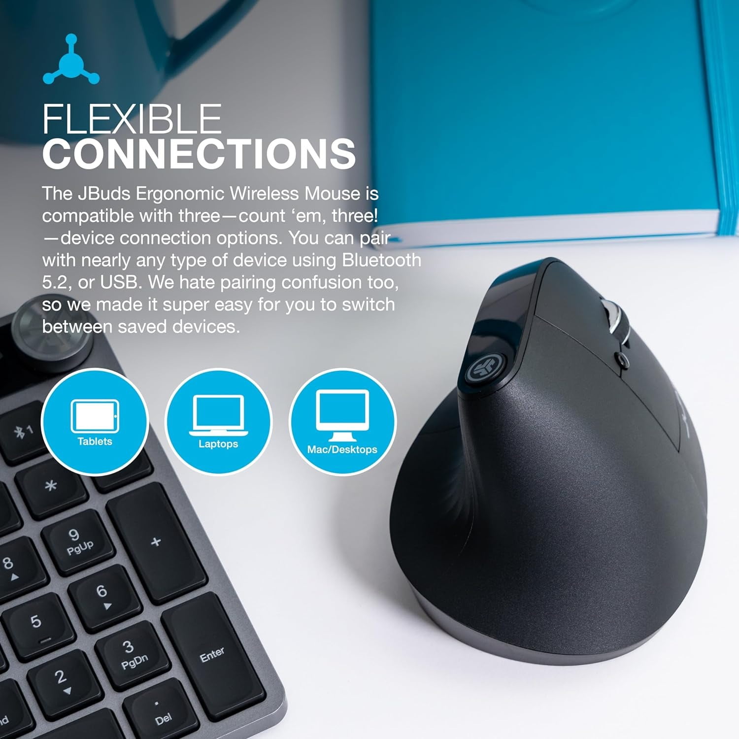 JLab JBuds 2.4G Wireless, Bluetooth Vertical Ergonomic Optical Mouse, 1200 / 1600 / 2000 / 2400 DPI, 7 Buttons for Laptop, Desktop, PC, Macbook - Black