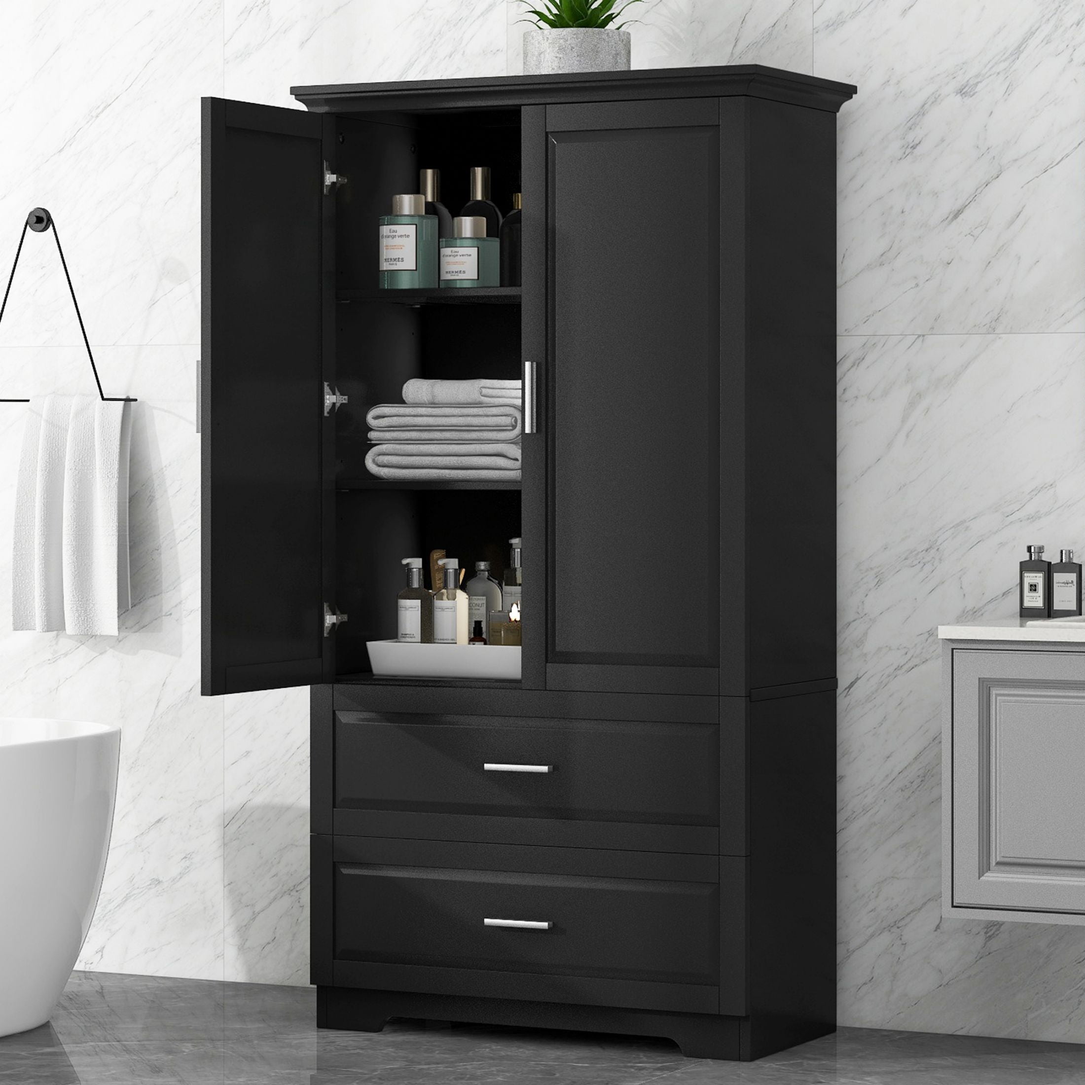 DEALTOPS Tall Spacious Storage Cabinet with 2 Drawers and Adjustable Shelf for Bathroom, Living Room, Black
